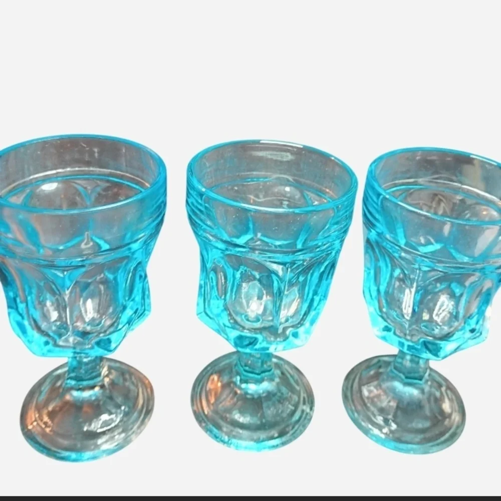 3 Vintage 70s Anchor Hocking Sky Blue Colored Goblets In The Fairfield Pattern